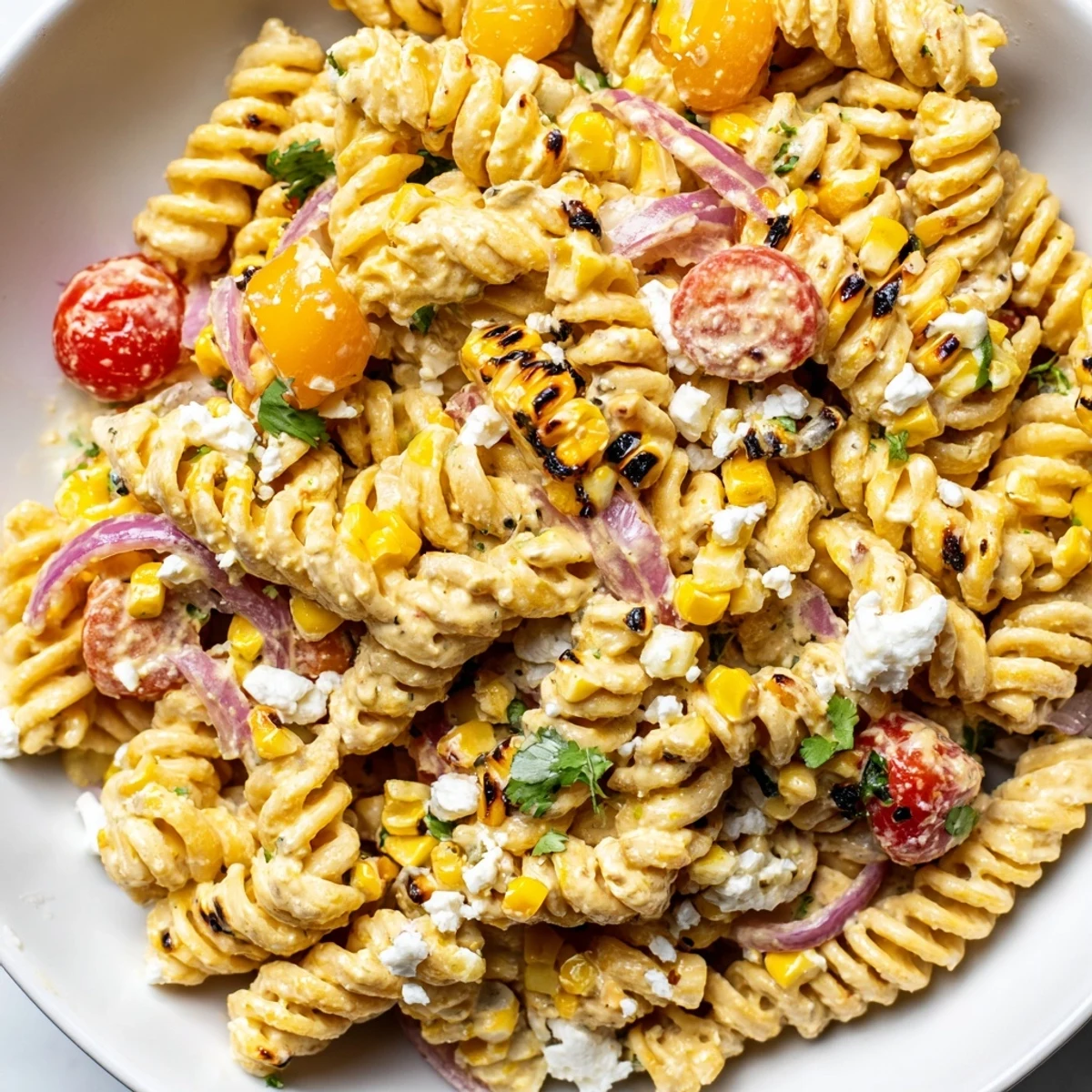Vibrant elote pasta salad tossed in smoky lime dressing with fresh cilantro