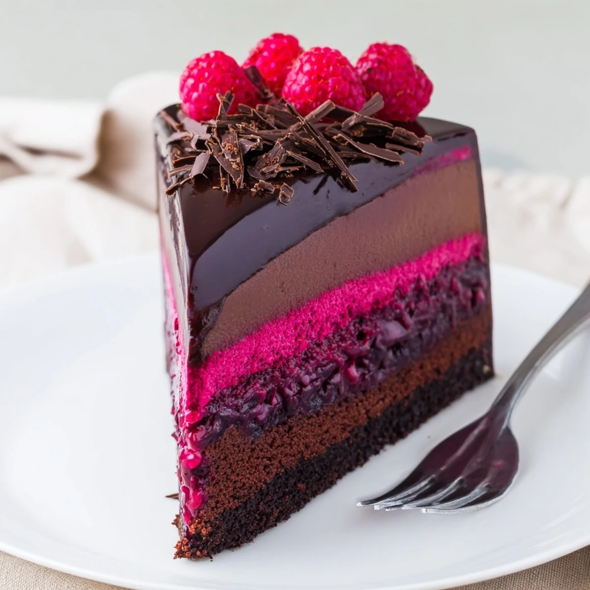Rich raspberry chocolate mousse cake with glossy ganache dripping down the sides