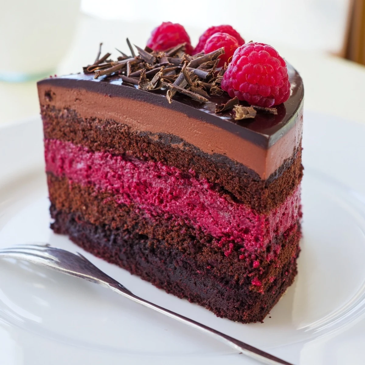 Silky chocolate mousse cake layered with vibrant ruby raspberry filling and fresh berries