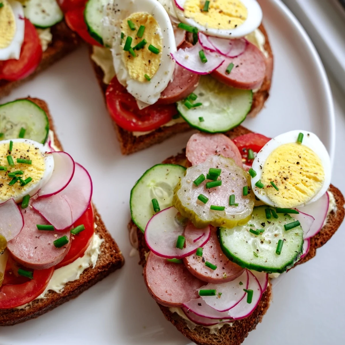 Open Faced Polish Sandwiches topped with radishes, pickles, and fresh chives on rye bread