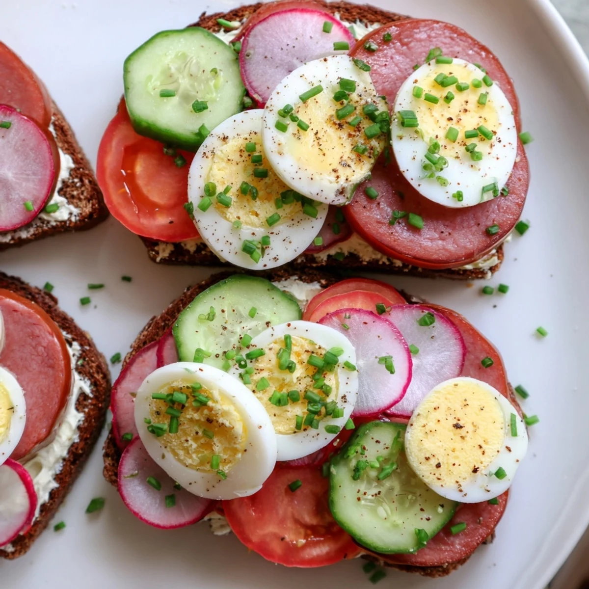 Buttered rye slices layered with kielbasa, tomato, and garnished with chopped fresh chives