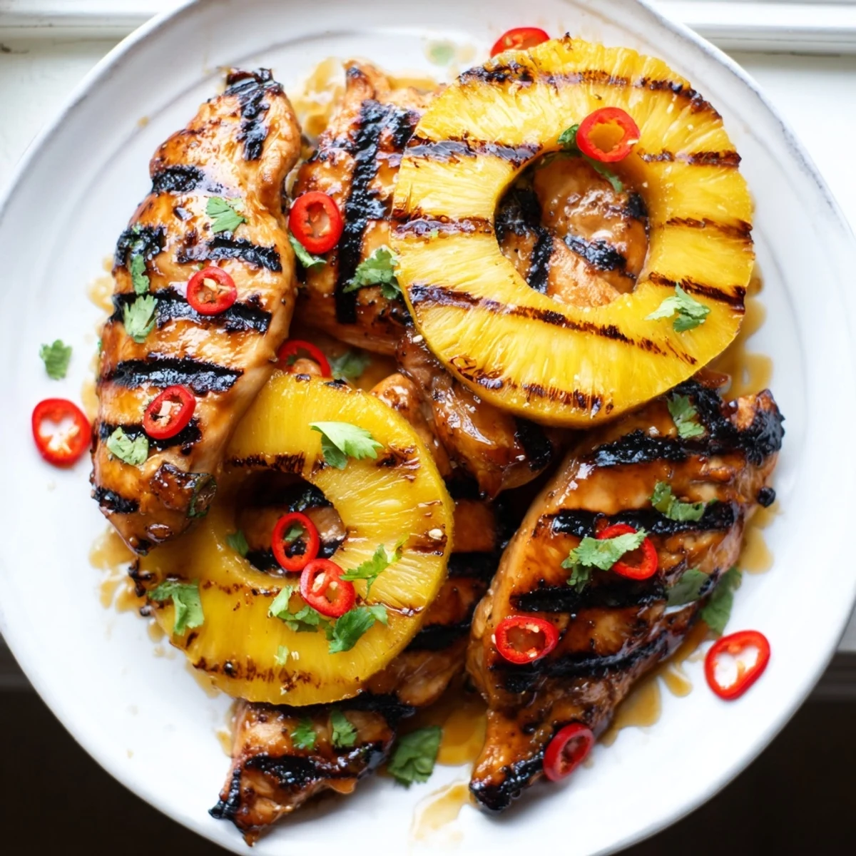Juicy Chili Pineapple Grilled Chicken with caramelized fruit on a smoky barbecue grate