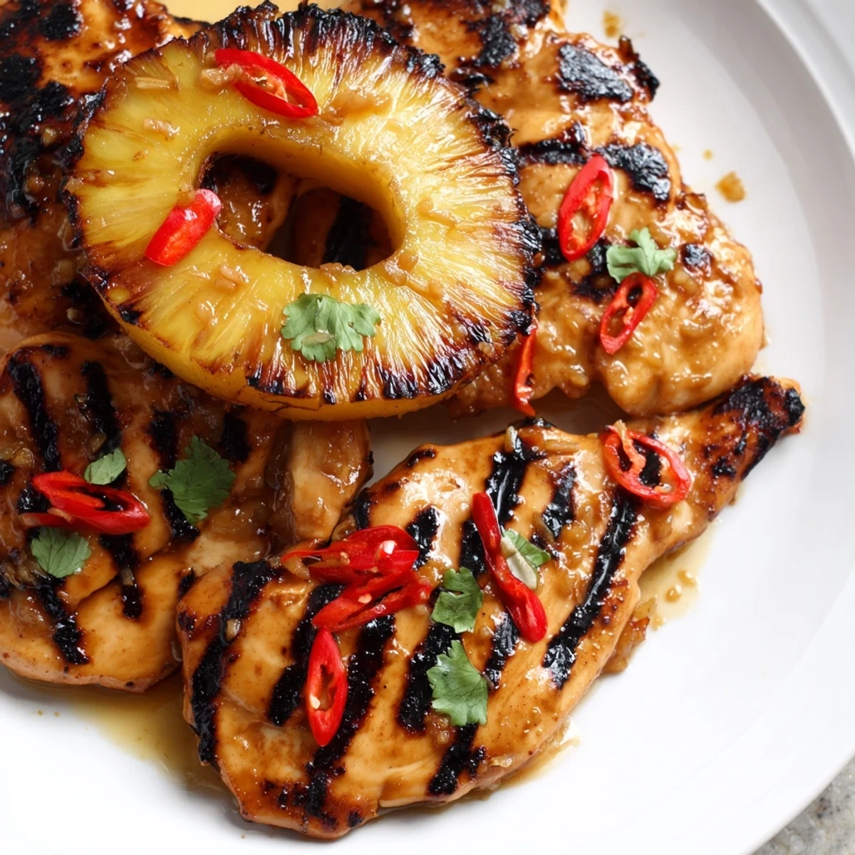 Golden Chili Pineapple Grilled Chicken sliced open revealing tender meat alongside grilled pineapple