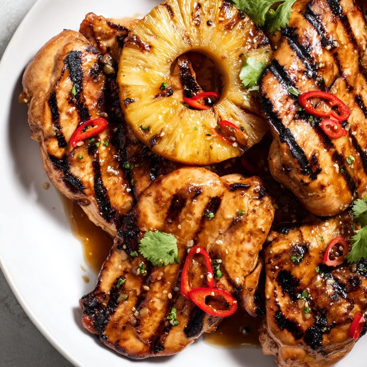 Chili Pineapple Grilled Chicken plated with charred rings and fresh cilantro garnish