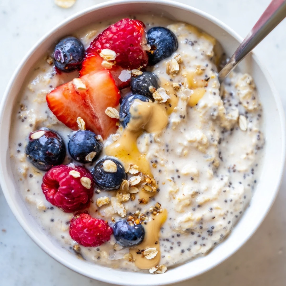 Creamy protein overnight oats topped with fresh berries in a glass jar