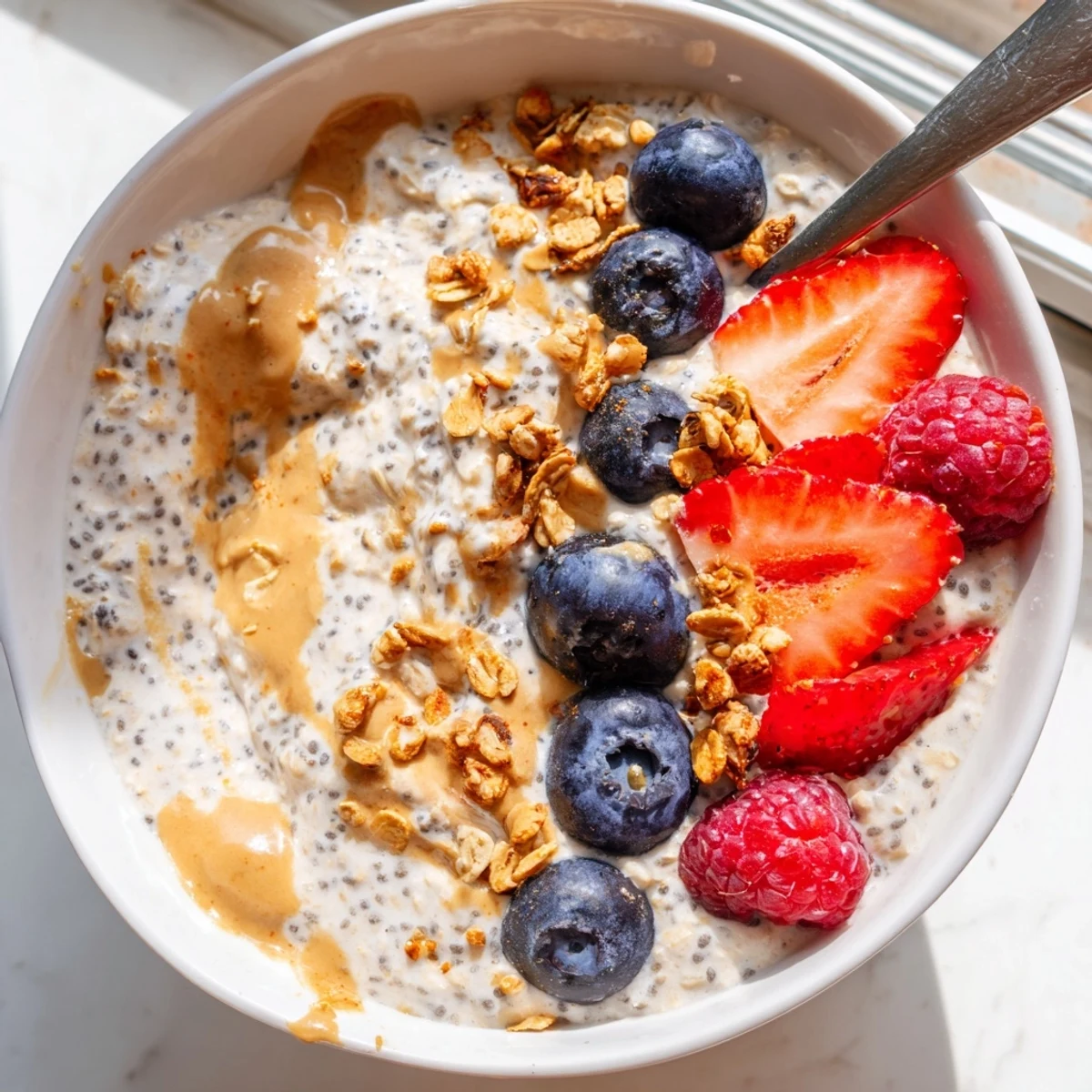 Thick protein overnight oats served with sliced banana and a sprinkle of chia seeds