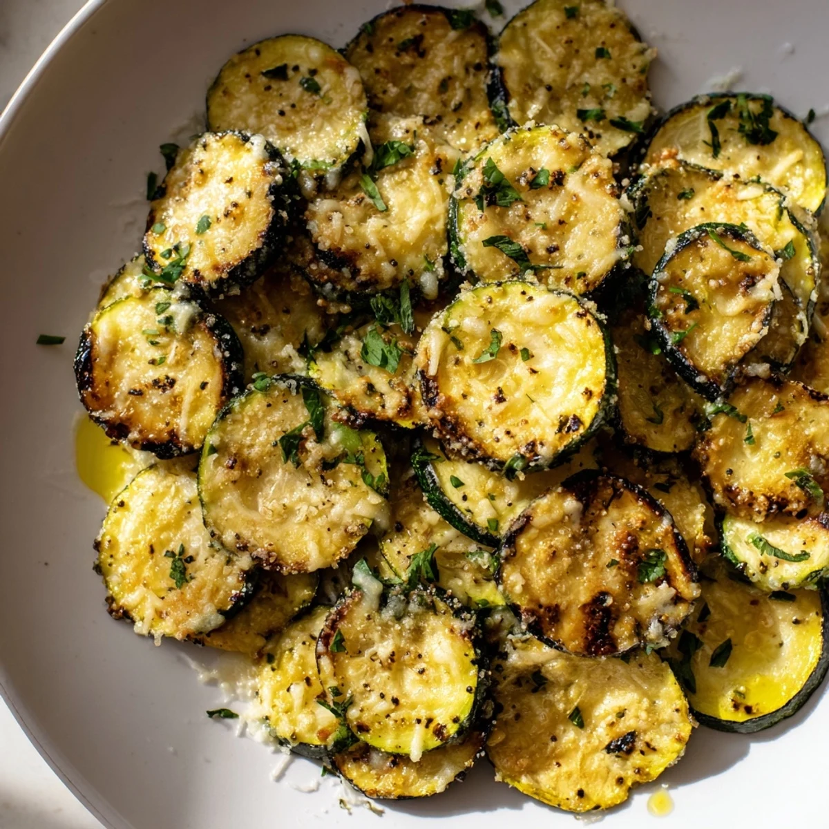 Golden roasted Lemon Pepper and Parmesan Zucchini slices glistening with melted cheese on a parchment-lined baking sheet