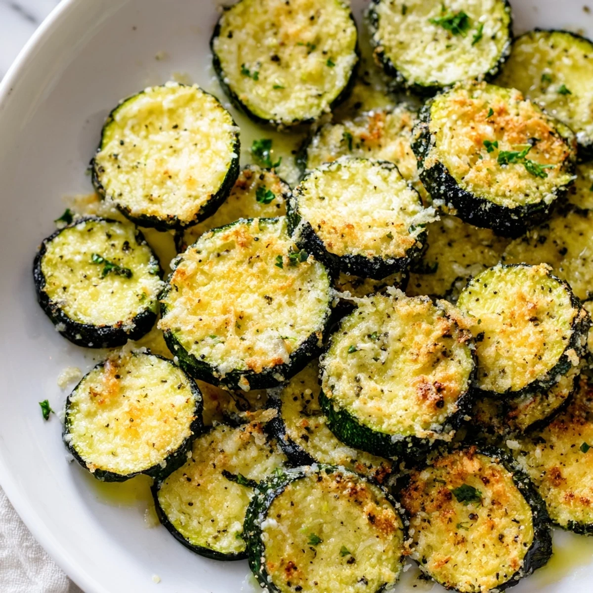 Tender zucchini rounds topped with crispy Parmesan and bright lemon pepper seasoning served fresh from the oven