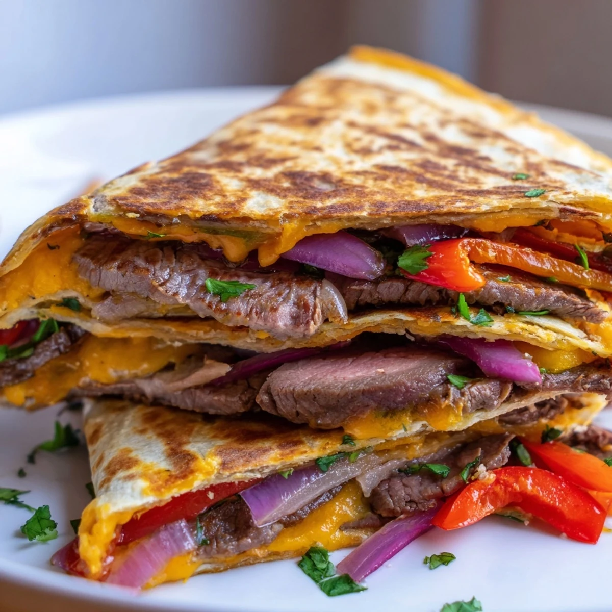 Crispy steak quesadillas cut into triangles beside salsa, sour cream, and guacamole