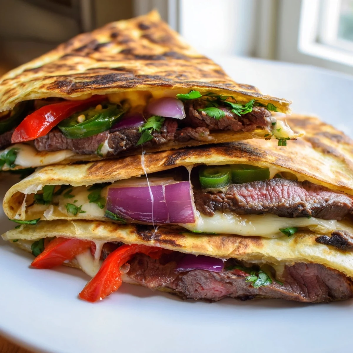 Golden steak quesadillas with melted cheese and sautéed peppers on a rustic plate