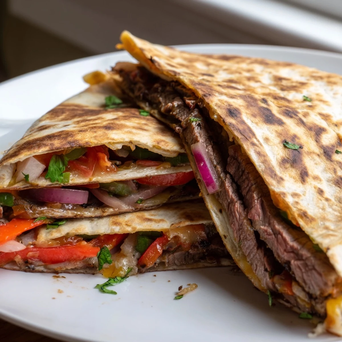 Sizzling steak quesadillas oozing melted cheddar with colorful bell peppers and fresh cilantro
