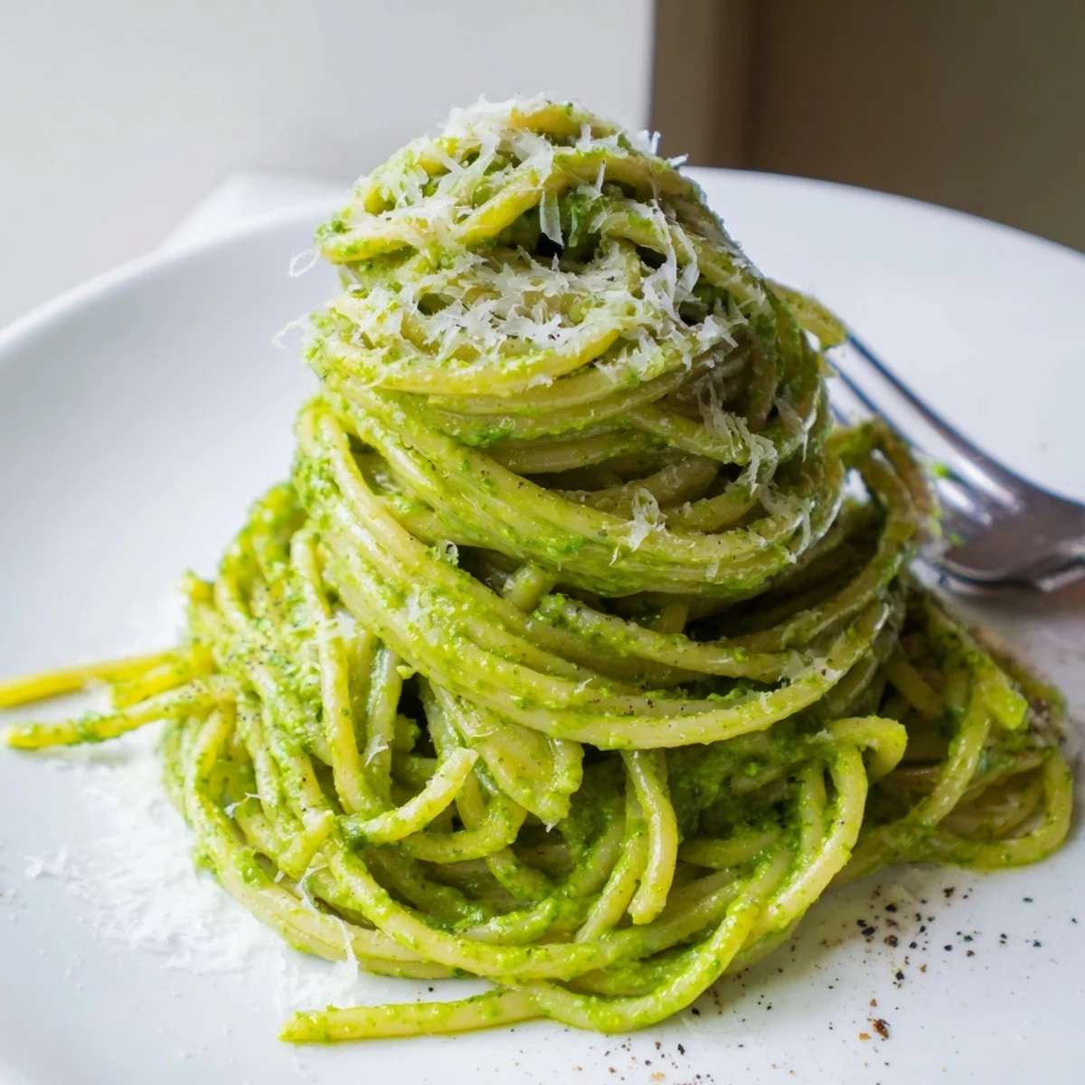 Wild garlic pesto pasta coated in bright green herb sauce with shaved Parmesan on top