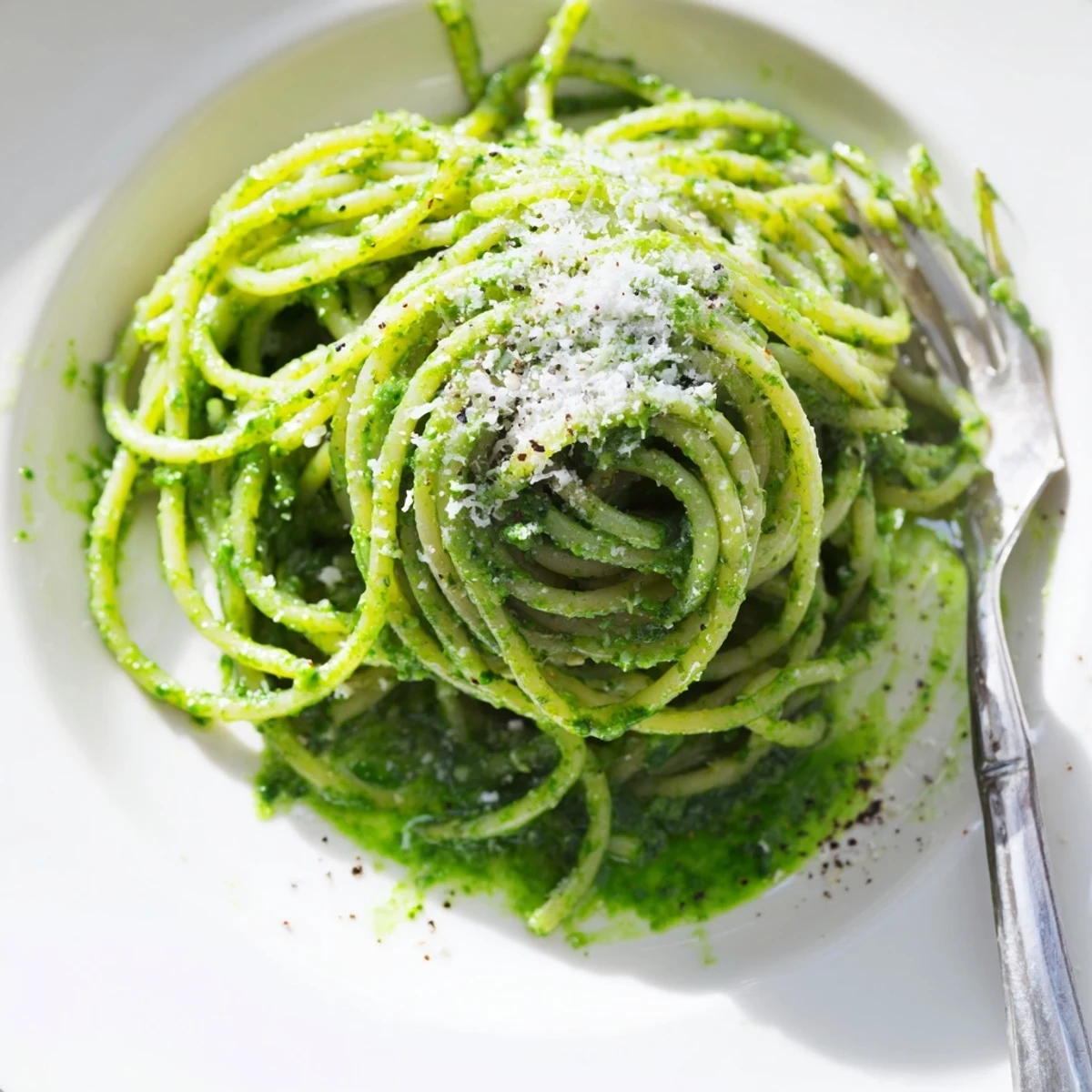 Wild garlic pesto pasta twirled into nests and garnished with cracked black pepper