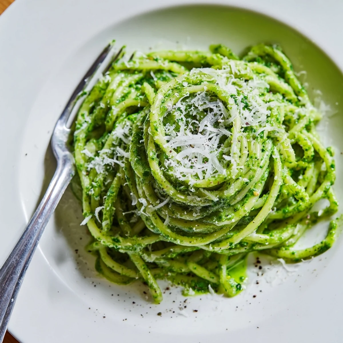Wild garlic pesto pasta served steaming in a bowl with fresh wild garlic leaves