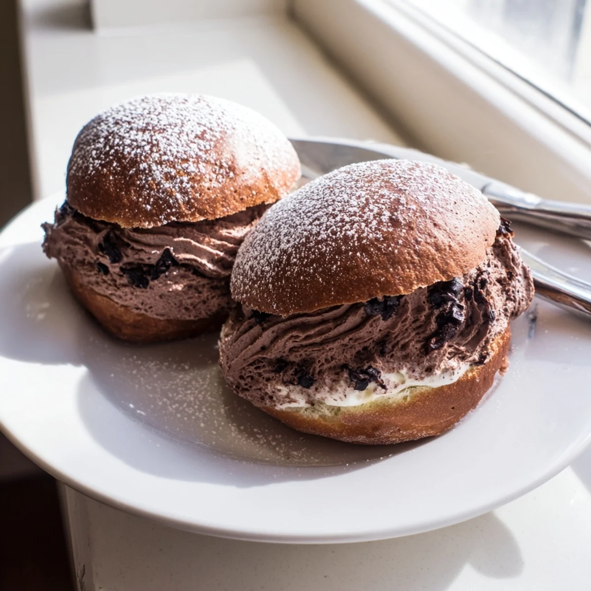 Golden-brown Italian Chocolate Maritozzi resting on parchment, their creamy filling spilling out generously