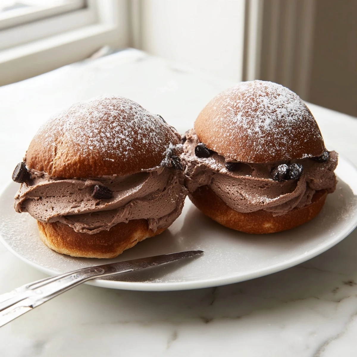 Soft Italian Chocolate Maritozzi buns split open and overflowing with rich whipped cream