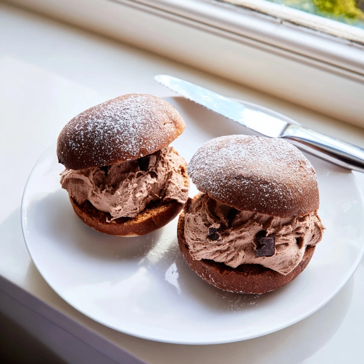 Two pillowy Italian Chocolate Maritozzi plated beside a demitasse espresso, dusted with powdered sugar