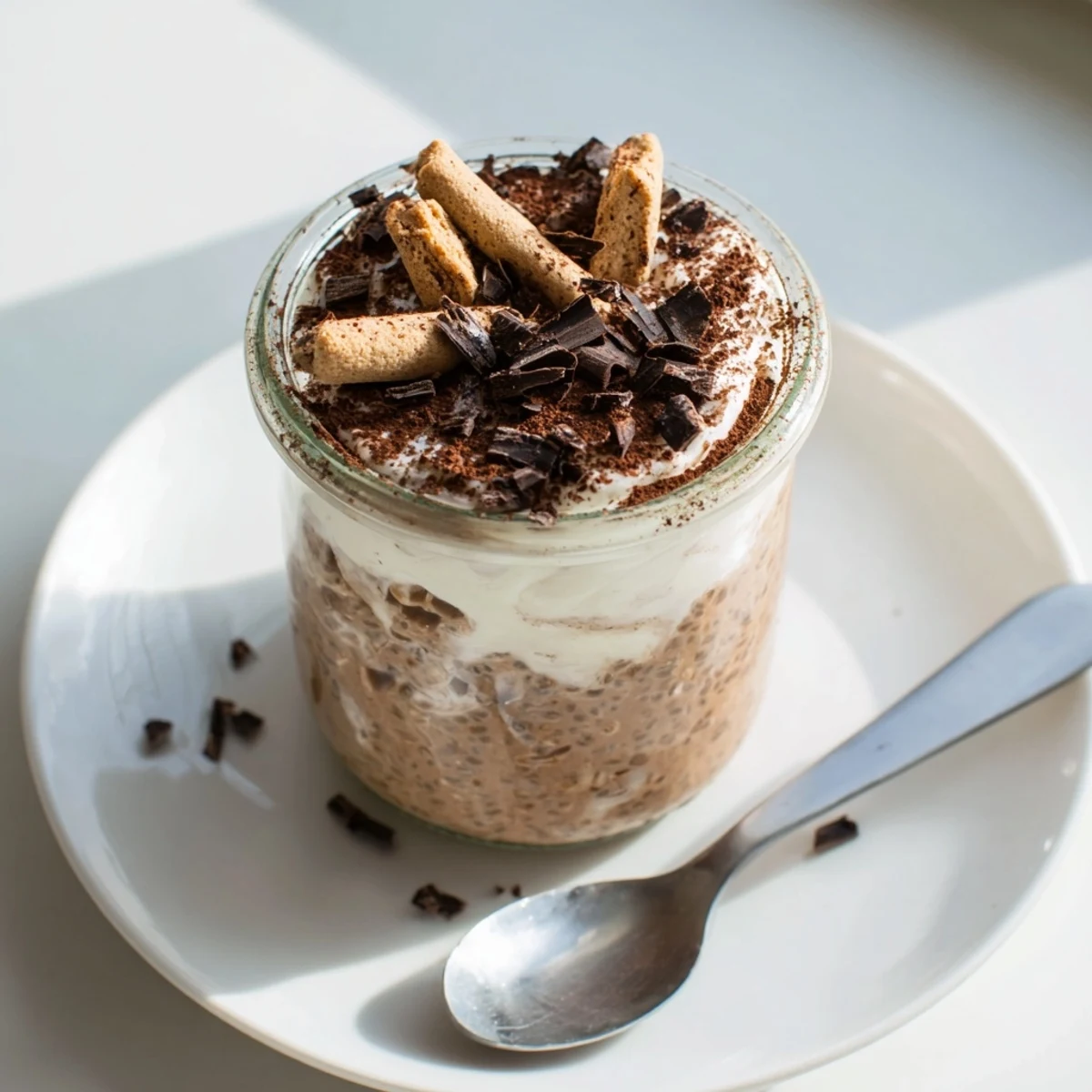 Creamy tiramisu overnight oats layered with mascarpone and topped with cocoa dusting