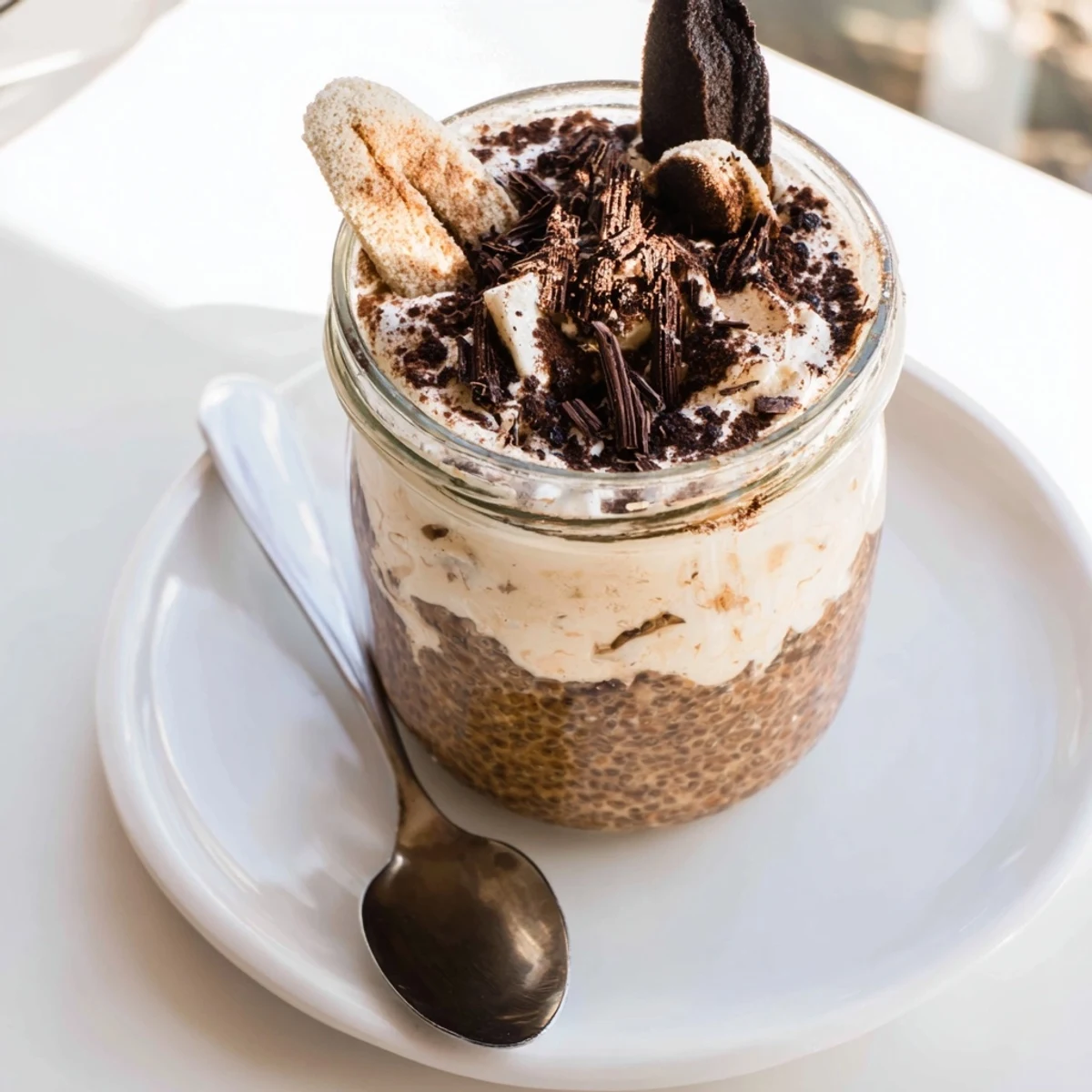 Tiramisu overnight oats served in glass jars with dark chocolate shavings and espresso drizzle
