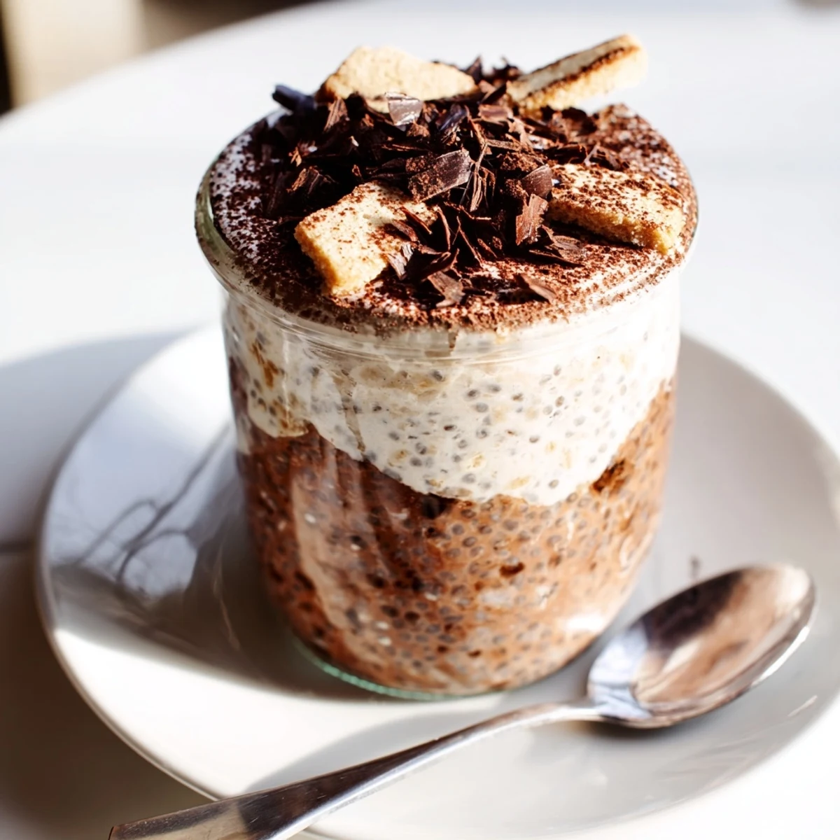 Rich and luscious tiramisu overnight oats featuring a thick mascarpone layer and coffee-infused oat base