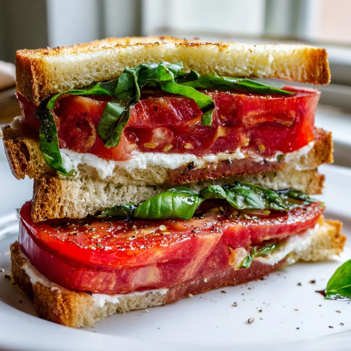 Ripe tomato sandwich layered with fragrant basil and crisp country bread