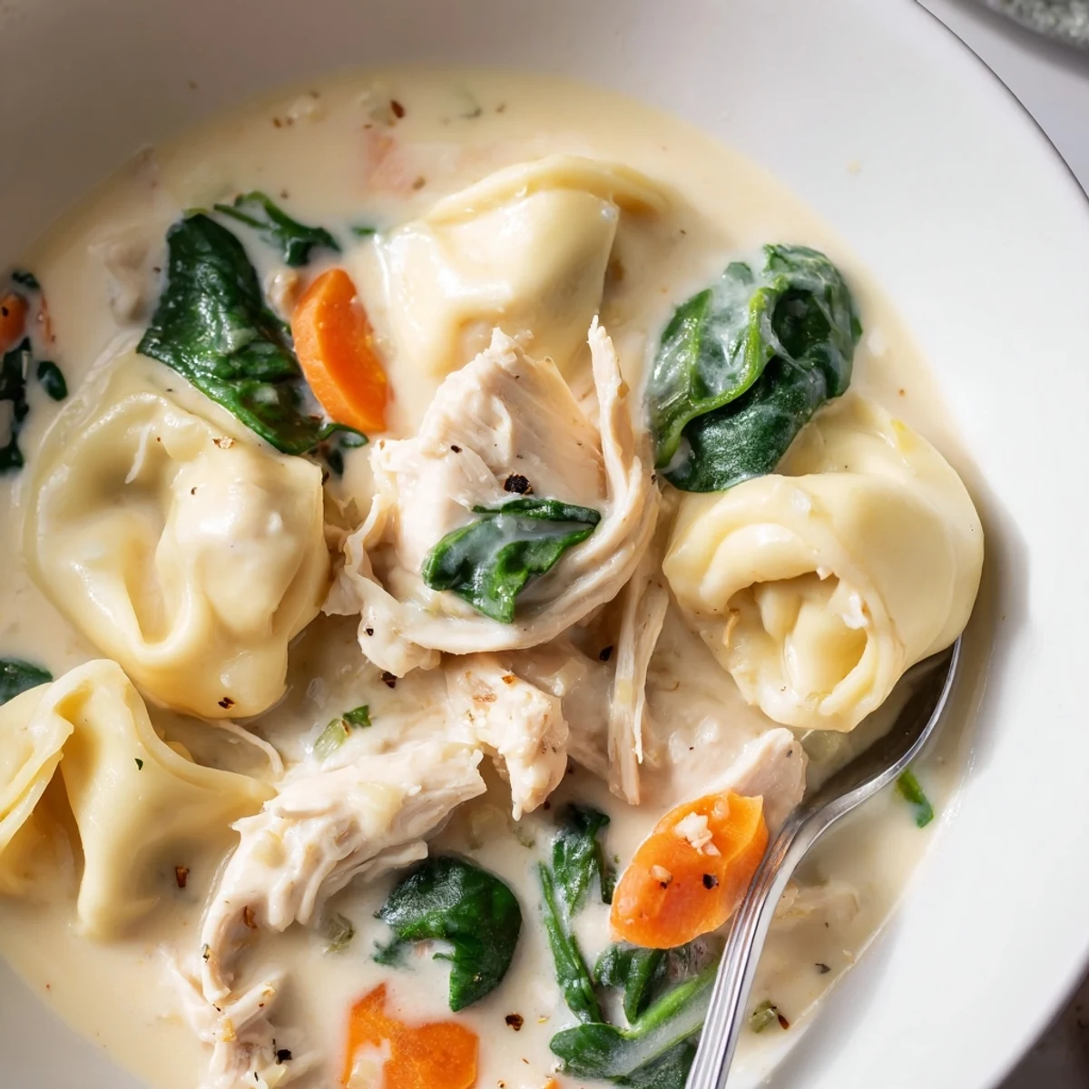 Creamy crockpot chicken tortellini in a golden broth with tender vegetables and melted cheese