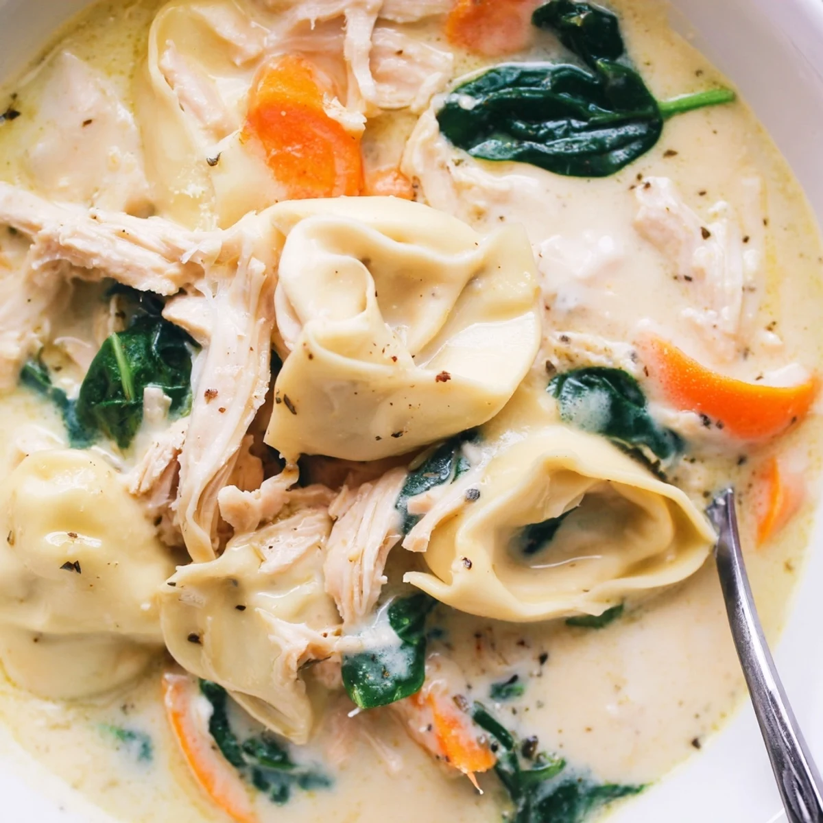 Steaming bowl of crockpot chicken tortellini topped with Parmesan and wilted baby spinach