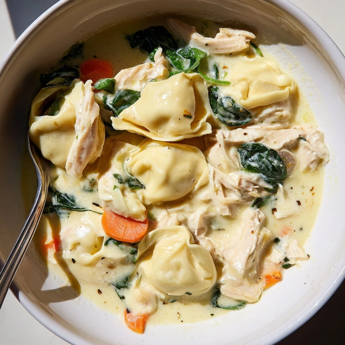 Crockpot chicken tortellini with shredded chicken and cheese tortellini in a rich, savory cream sauce