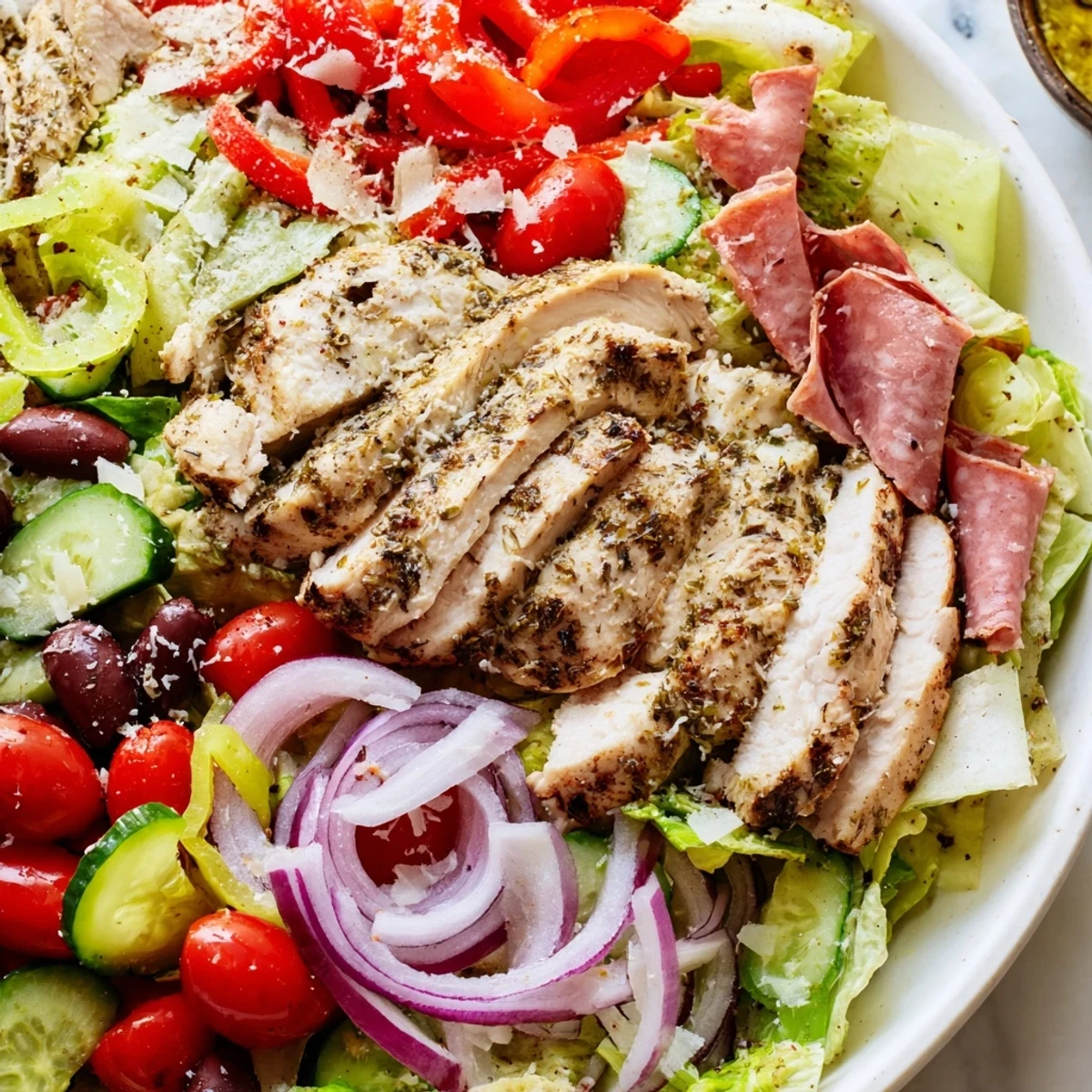 Italian Grinder Chicken Salad topped with sliced provolone, salami, and zesty vinaigrette dressing