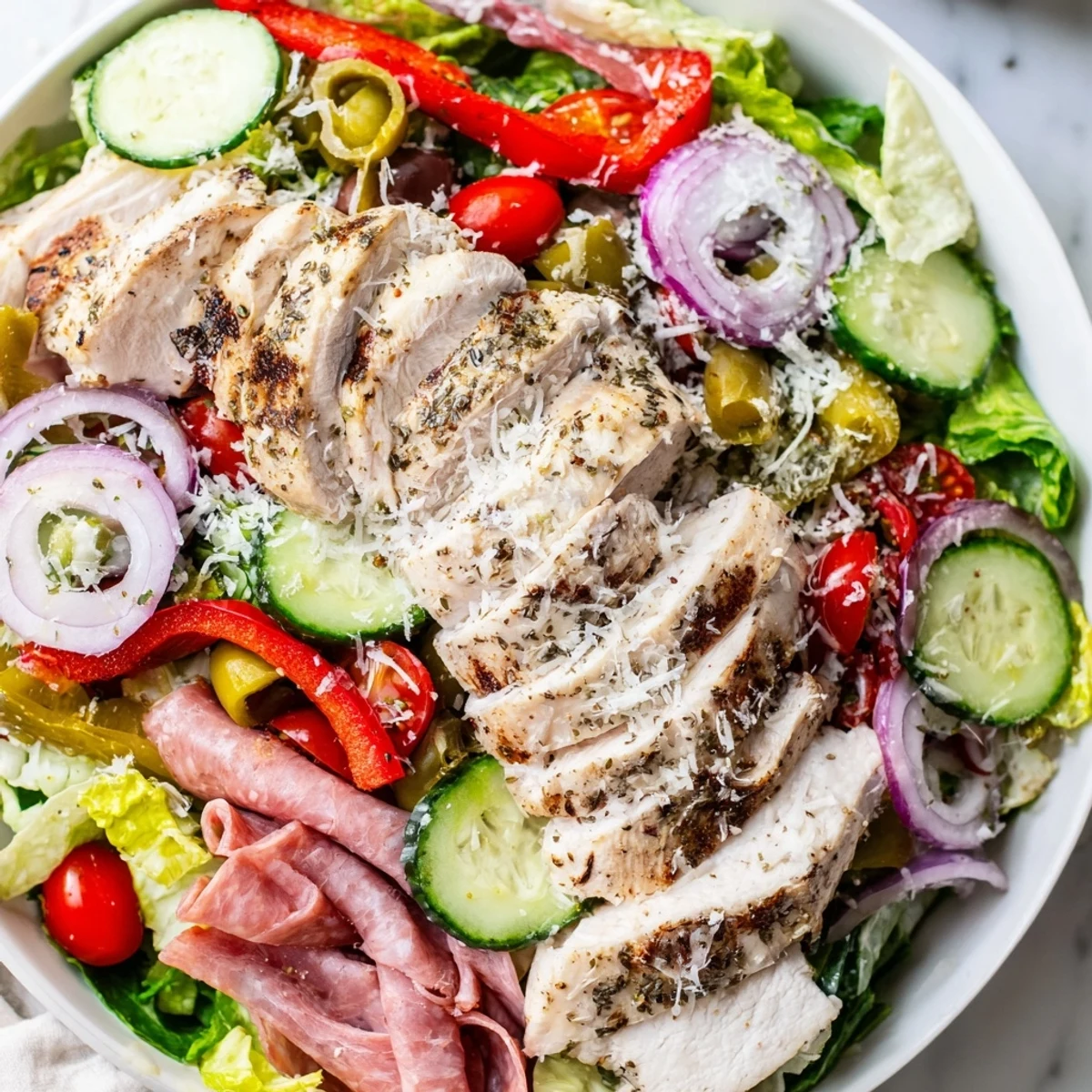 Italian Grinder Chicken Salad layered with crisp romaine, pepperoncini, and savory deli meats