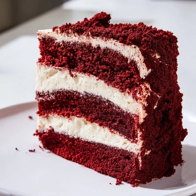 Homemade Red Velvet Layer Cake with Cream Cheese Frosting sits on a marble counter, garnished with fresh berries and cake crumbs.