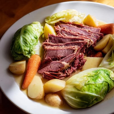 A hearty serving of Slow Cooked Corned Beef with Cabbage and Potatoes, with carrots and broth in a slow cooker insert.