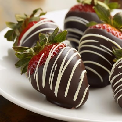 A close view of dark chocolate coated strawberries finished with white chocolate lines, ideal for romantic date nights.  