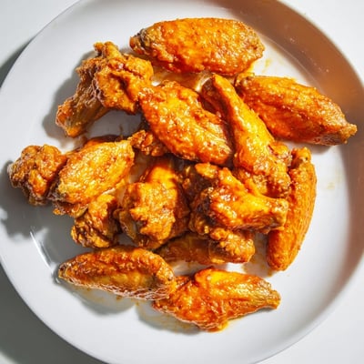 Crispy air fryer chicken wings coated in homemade Buffalo sauce, ready for game day with a side of cool ranch.