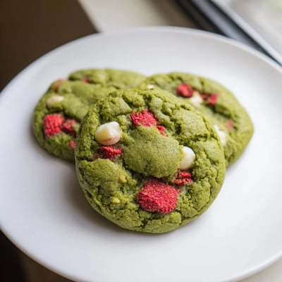 Chewy matcha cookies studded with ruby red strawberry bits on rustic baking sheet