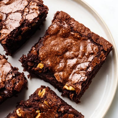 Rich chocolate brownies served warm with a scoop of vanilla ice cream and walnuts