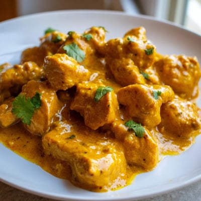 Tender crockpot butter chicken in rich tomato cream sauce garnished with fresh green cilantro