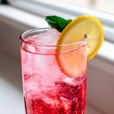 Bubbly honey lemon pink soda poured over ice with a bright citrus rim and vibrant rosy glow