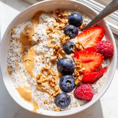 Thick protein overnight oats served with sliced banana and a sprinkle of chia seeds